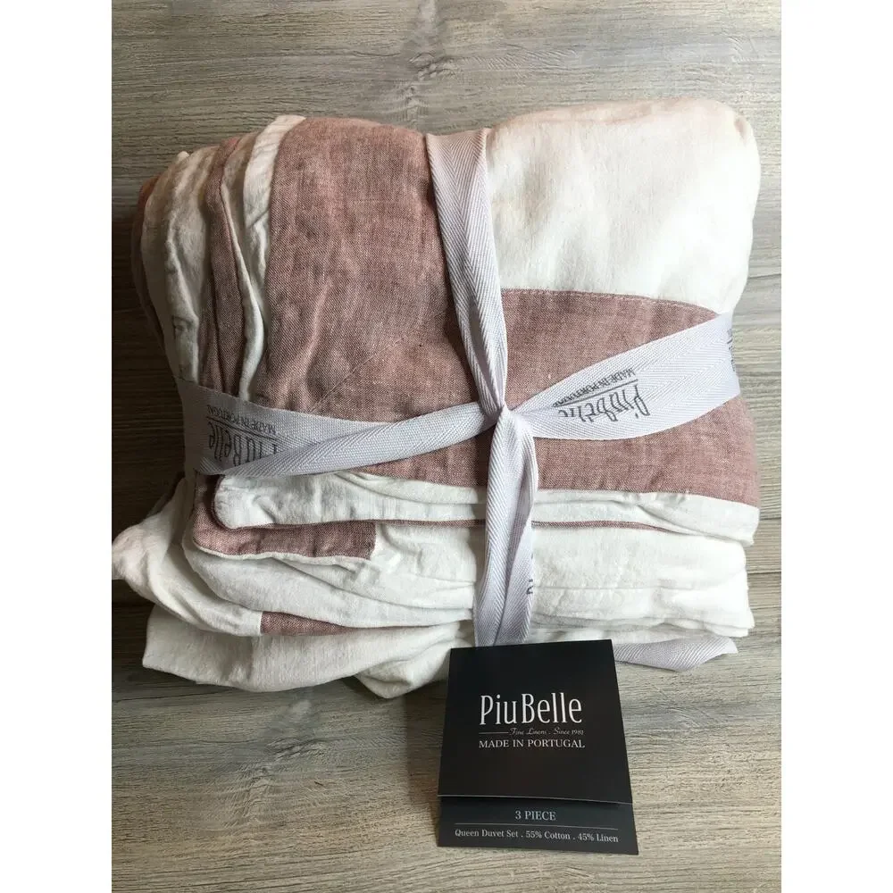 PiuBelle Fine Linen Cotton Queen Duvet White Mauve Border 3 Pc Set Piu Belle